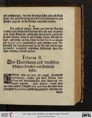 Titulus II: Von Unterthanen und deroselben Pflichten / Diensten und Bothmässigkeit