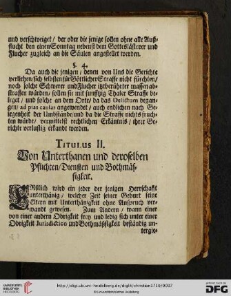 Titulus II: Von Unterthanen und deroselben Pflichten / Diensten und Bothmässigkeit