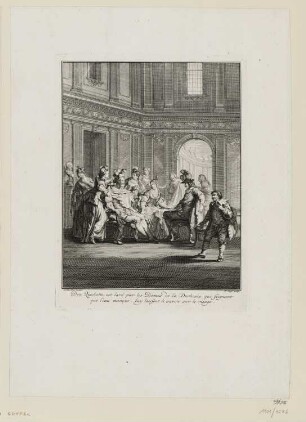 Don Quichotte est lavé par les dames de la duchesse, qui feignant que l’eau manque, luy laissent le savon sur le visage, aus: Charles Coypel, Miguel de Cervantes, "Les principales avantures de l’admirable Don Quichotte", 1746