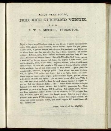 Amico Vere Docto, Friderico Guilielmo Voigtel S.P.D. P. T. F. Meckel, Promotor.