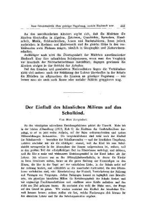 Der Einfluß des häuslichen Milieus auf das Schulkind