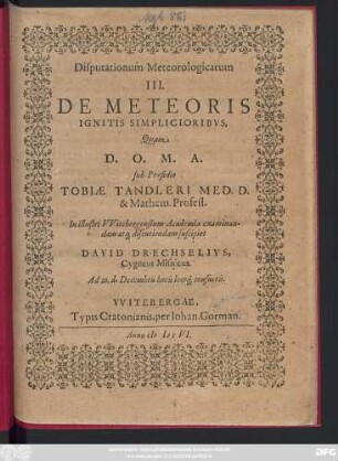Disputationum Meteorologicarum III. De Meteoris Ignitis Simplicioribus