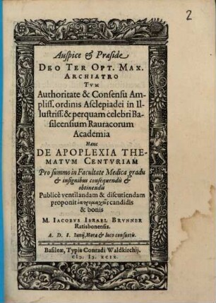 Diss. de apoplexia thematum centuria