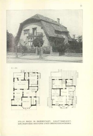 Villa Back in Darmstadt. Hauptansicht. Grundrisse des Erd- und Obergeschosses