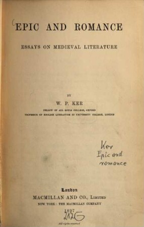 Epic and romance : Essays on medieval literature