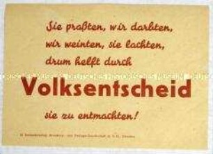 Handzettel mit einer Losung zum Volksentscheid über die Enteignung der Nazi- und Kriegsverbrecher