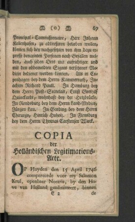 Copia der Holländischen Legitimations-Acte.