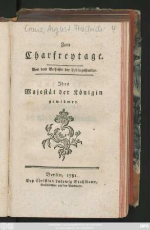 Zum Charfreytage : Ihro Majestät der Königin gewidmet