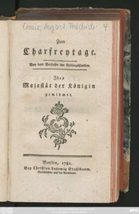 Zum Charfreytage : Ihro Majestät der Königin gewidmet