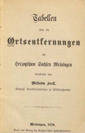 Tabellen über die Ortsentfernungen im Herzogthum Sachsen-Meiningen
