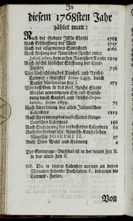 In diesem 1768sten Jahr zählet man:[...]