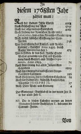 In diesem 1768sten Jahr zählet man:[...]