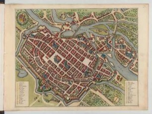 Ansicht von Breslau in Schlesien (heute Wrocław, Polen), kolorierter Kupferstich, um 1682 : Breslaw. - [Ca. 1:4.300]. - [Amsterdam] : [Bÿ d' Erfsgenamen van Joannes Janssonius van Waesberge], [1682]. - 1 Vogelschaukt. : Kupferst. ; 50 x 40 cm +++ Mit Gebäudeverz.