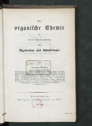 Die organische Chemie in ihrer Anwendung auf Agricultur und Physiologie