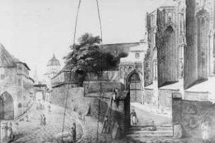 Halle (Saale), ehem. Augustiner-Chorherrenstiftskirche St. Moritz, Chor mit Moritztor (Grafik)