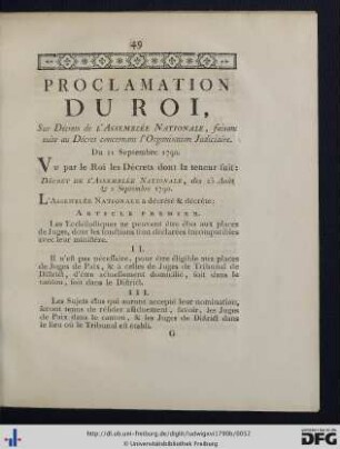 Proclamation du Roi sur Décrets de l'Assemblée Nationale, faisant suite au Décret concernant l'Organisation Judiciaire.