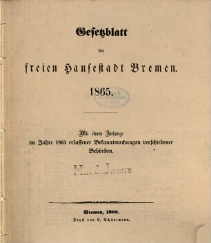 Gesetzblatt der Freien Hansestadt Bremen. 1865, 1865. - 1866
