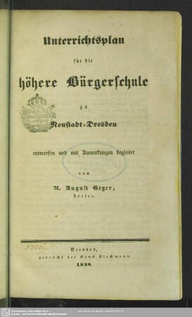 Unterrichtsplan der höhern Bürgerschule zu Neustadt-Dresden