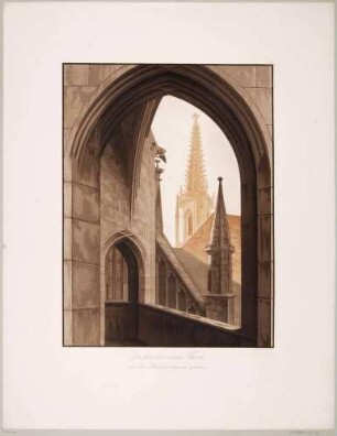 Blick auf den höckrigen Turm im Südosten des Domes in Meißen von der Schlosstreppe aus gesehen, Blatt Nr. 21 aus Mappenwerk "Der Dom zu Meißen" von Friedrich Wilhelm Schwechten