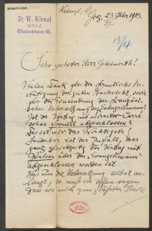 Brief an Ludwig Strecker  an B. Schott's Söhne : 23.02.1903