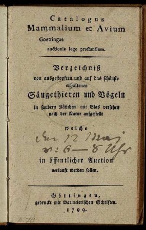 Catalogus Mammalium et Avium Goettingae auctionis lege prostantinm [!]