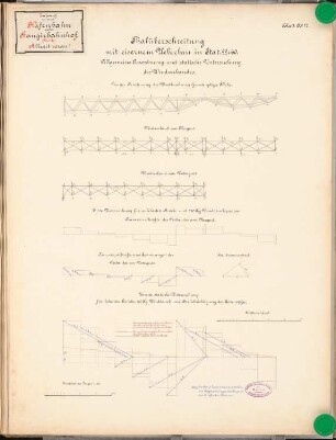 Hafenbahn mit Rangierbahnhof Schinkelwettbewerb 1889: Viadukt. Windverband: Schnitt 1:200, Kräftepläne