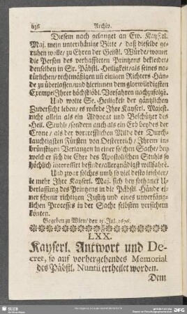LXX. Kayserl. Antwort und Decret, so auf vorhergehendes Memorial des Päbstl. Nuntii ertheilet worden