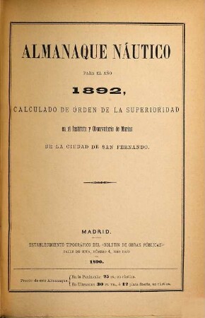 Almanaque náutico : para el año .... 1892 (1890)