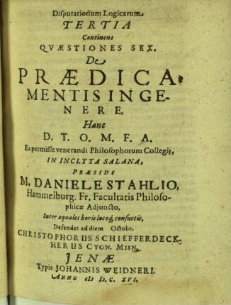 Disputationum logicarum ..., continens quaestiones sex de praedicamentis ingenere