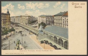 Ansichtskarte Hochbahn von oben, Pferdekutschen und Straßenbahnen sowie Loeser & Wolff, koloriert, Kottbusser Tor