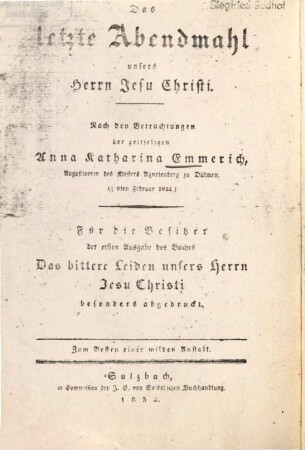 Das letzte Abendmahl unsers Herrn Jesu Christi