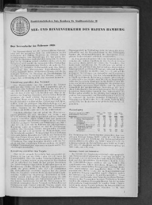 Der Seeverkehr des Hafens Hamburg im Februar 1938