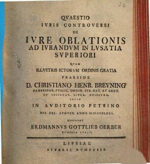 Quaestio Iuris Controversi De Iure Oblationis Ad Iurandum In Lusatia Superiori