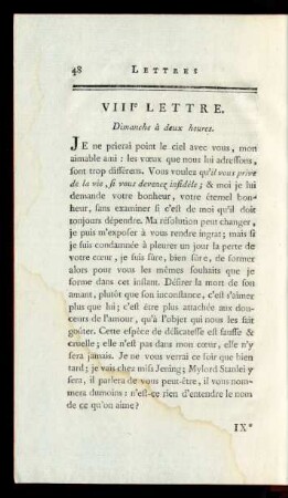 VIIIe Lettre. Dimanche à deux heures.