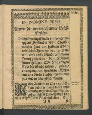 In Nomine Jesu! Antrit zu bevorstehender Leich-Predigt.