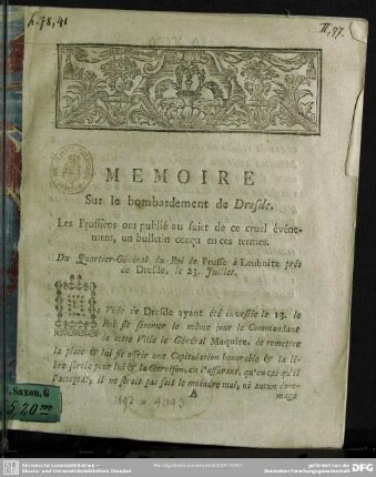 Memoire Sur le bombardement de Dresde