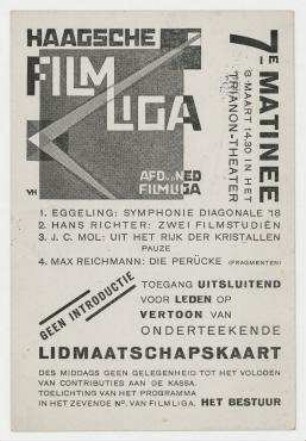 Einladungskarte (Postkarte) der Haagschen Filmliga an Hannah Höch und Til Brugman. 's-Gravenhage