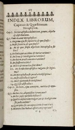 Index Librorum, Capitum & Quæstionum Metaphysicæ.