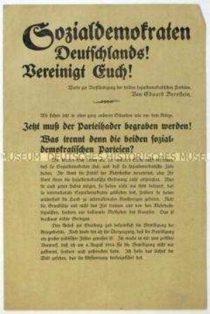 Flugschrift von Eduard Bernstein mit Aufruf zur Wiedervereinigung von Mehrheits-SPD und USPD