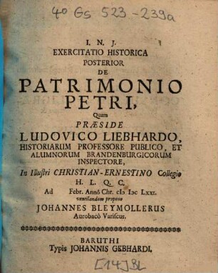 Exercitatio Historica Posterior De Patrimonio Petri
