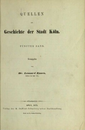 Quellen zur Geschichte der Stadt Köln / Band 5