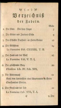 Verzeichniß der Fabeln