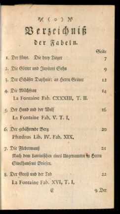 Verzeichniß der Fabeln