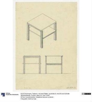 Teetisch, mit zwei Platten, quadratisch, Ansicht und Schnitte (Möbelentwürfe, Tische)