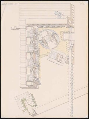 Institut für Kulturanthropologie, gegenüber der Kongresshalle, Berlin-Tiergarten Schinkelwettbewerb 1984: Isometrische Ansicht