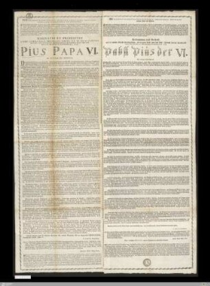 Wir Vicarius In Spiritualibus Generalis, Provicarius, Officialis, geistliche Räthe und Assessoren : Gleichwie Wir von Amts wegen verbunden sind ...; Wir erachten ... diese Päbstliche Erklärung ... öffentlich bekannt zu machen ...; Gegeben unter beygedrucktem Bischöflichen Vicariats-Insiegel, Worms den 30. Nov. 1779