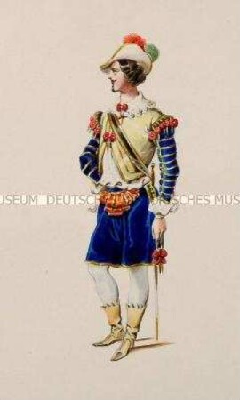 Mann im blauen Samtkostüm mit gelber kurzer Weste und Zierdegen - Tafel aus Franceschini/Kostümbilder (Kassette 2)
