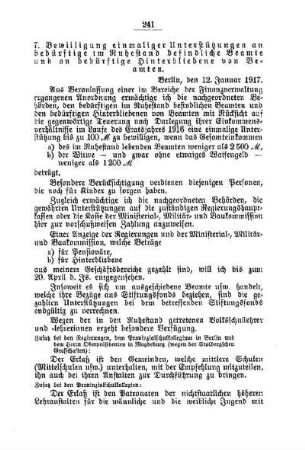 Bewilligung einmaliger Unterstützungen an bedürftige im Ruhestand befindliche Beamte und an bedürftige Hinterbliebene von Beamten : [A. Behörden und Beamte]