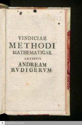 Vindiciae Methodi Mathematicae Adversvs Andream Rv̈digervm