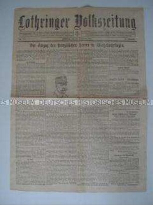 "Lothringer Volkszeitung" mit einem Bericht über den Einzug französischer Truppen in Elsaß-Lothringen nach Beendigung des 1. Weltkrieges